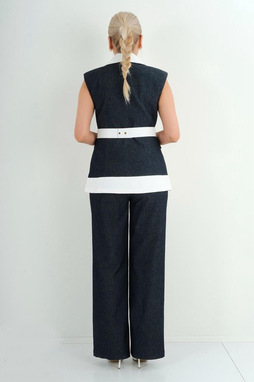 plus size women denim style set blue white wide leg pants vest