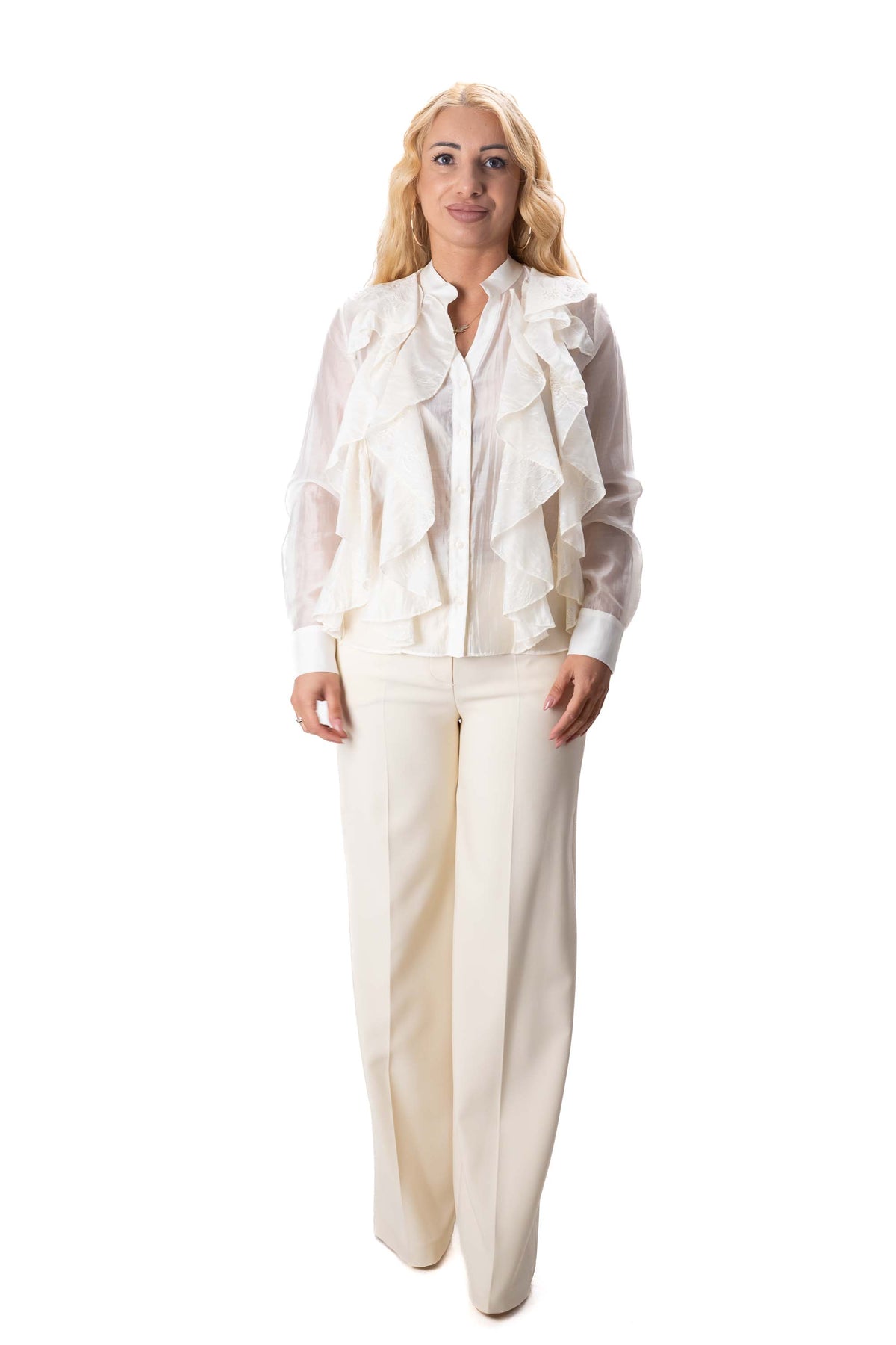 Elegant cream women’s blouse with jabot and embroidery 3359