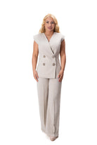 дамски бежов костюм с кристали широк панталон и удължен елек