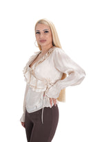 Елегантна дамска риза – бежово, сатен и странично връзване