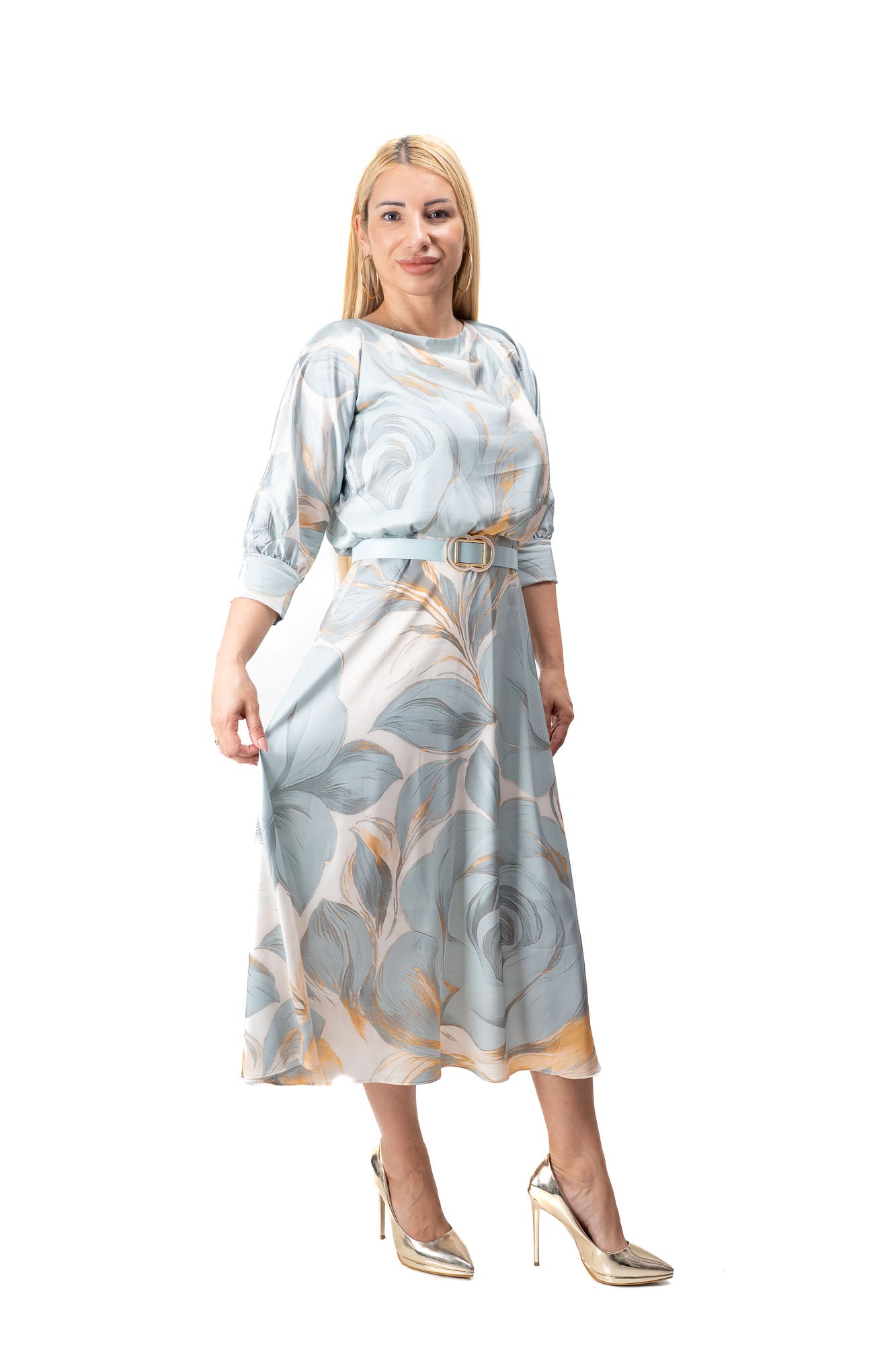 women satin midi dress floral print mint flared
