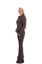 Дамски тъмно кафяв комплект – панталон чарлстон и блуза с цип