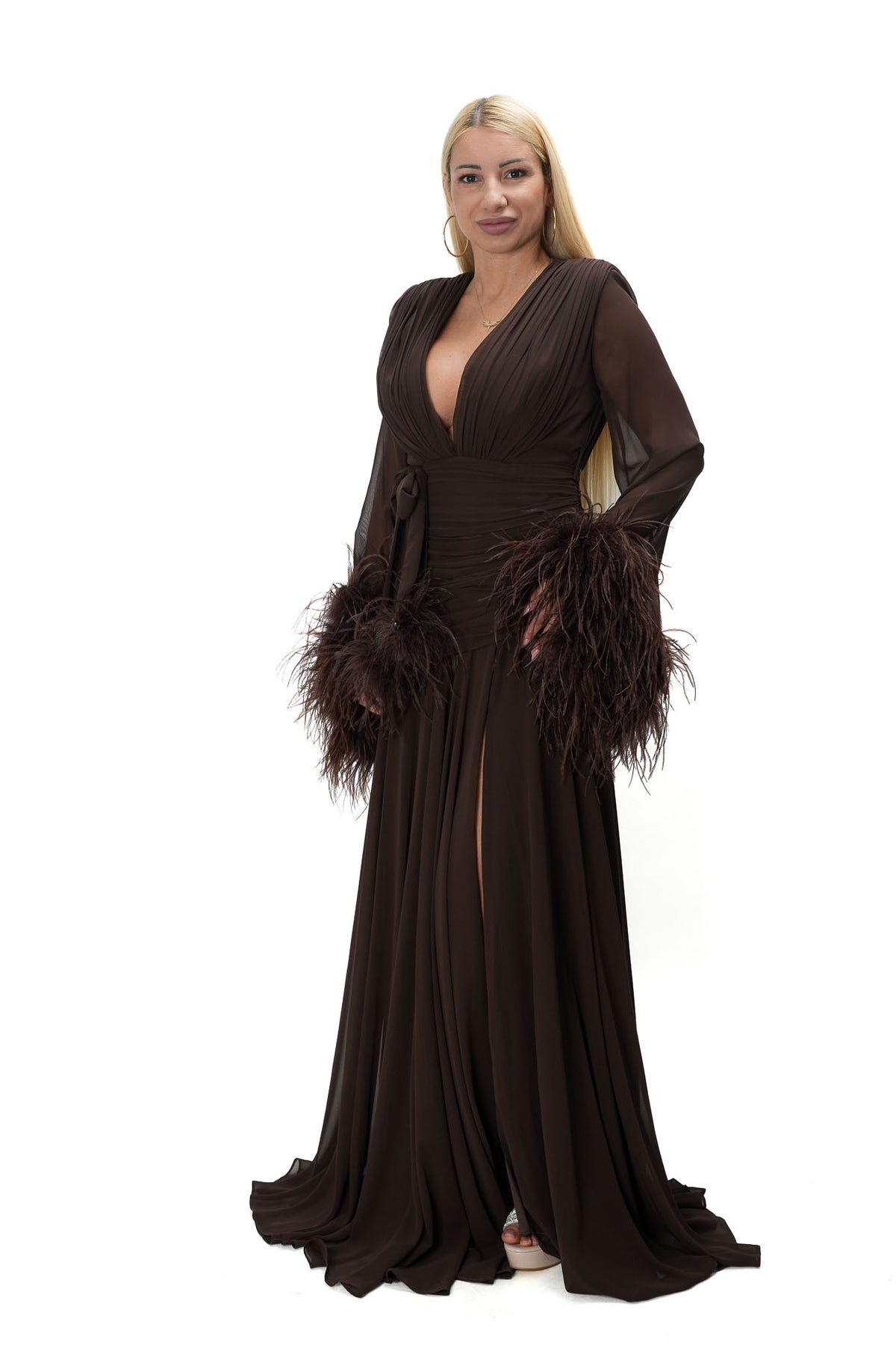 Women’s long dark coffee brown tulle evening dress with deep neckline, high slit and feather sleeves 3507