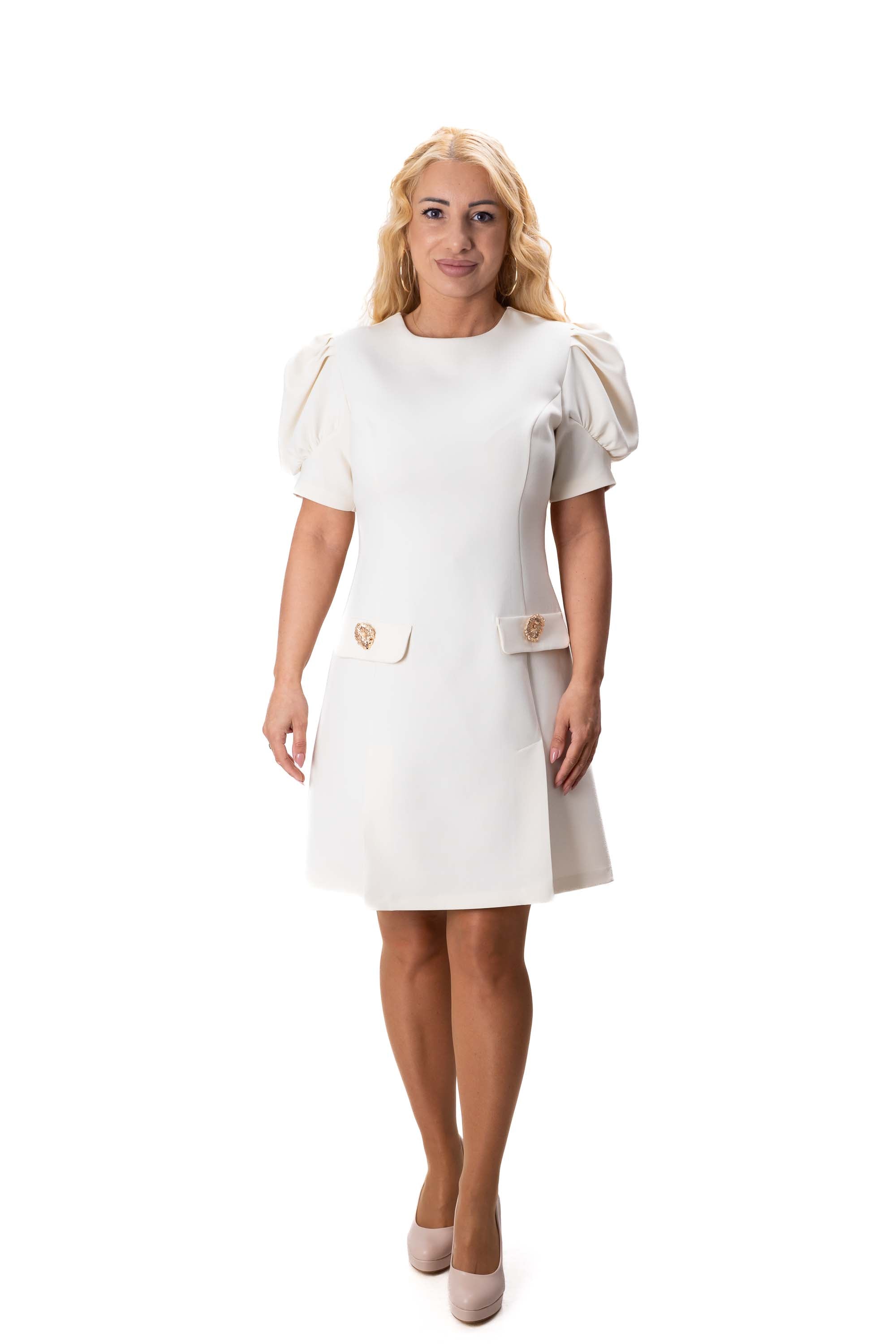 дамска къса рокля екрю с буфан ръкави