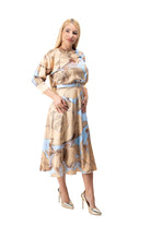 women satin midi floral dress blue yellow flared
