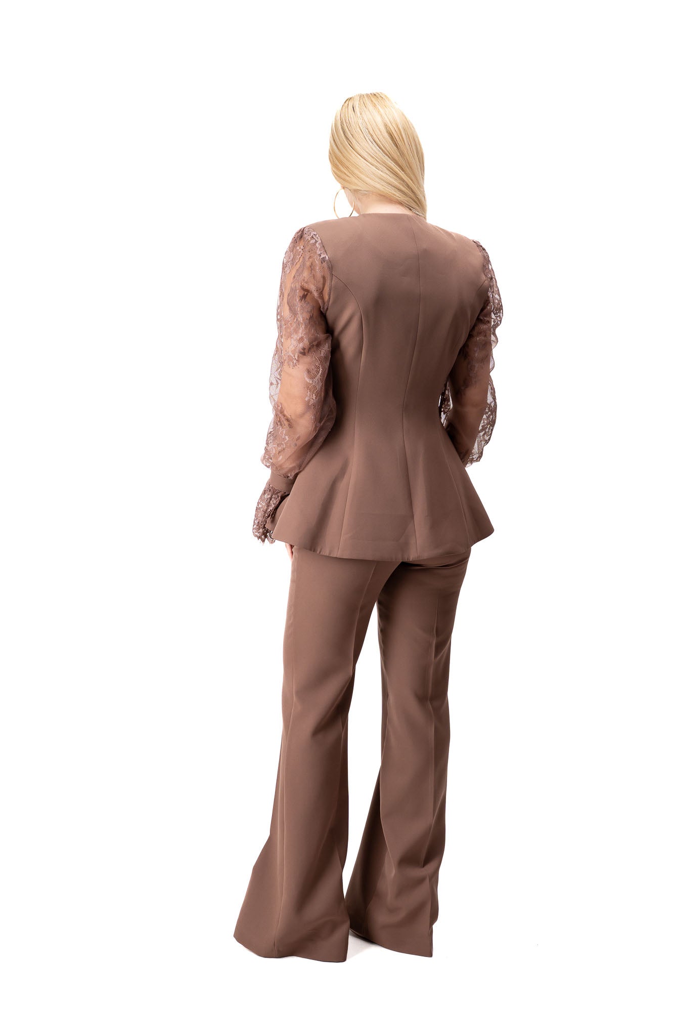 brown women elegant suit with lace sleeve blazer