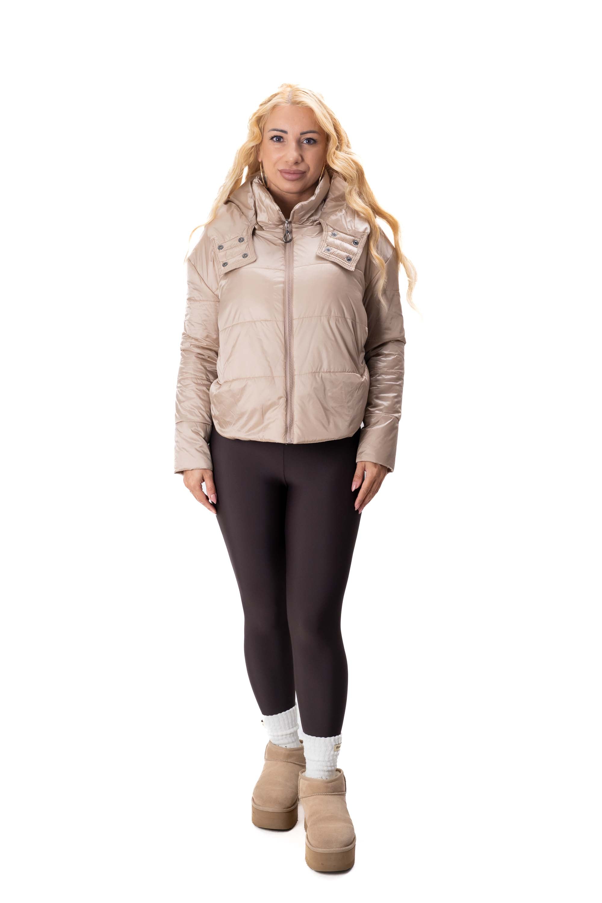 дамско бежово яке бомбър от шушляк със сваляща се качулка