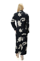 Satin women’s two-piece suit with oversized blazer and wide Aladdin pants, black with beige floral print – model 7071