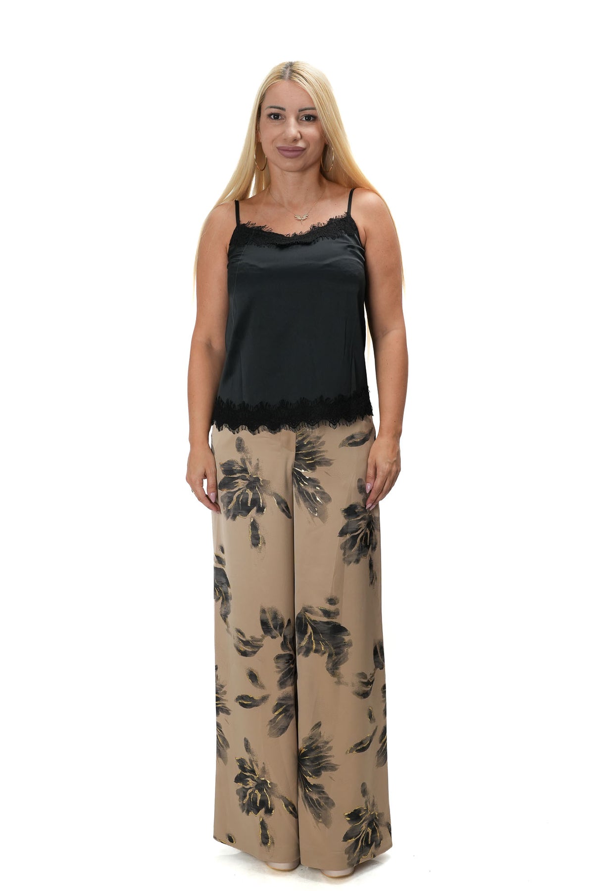 Elegant beige floral satin women’s outfit with wide-leg pants, sleeveless top and kimono – LUXU 8051