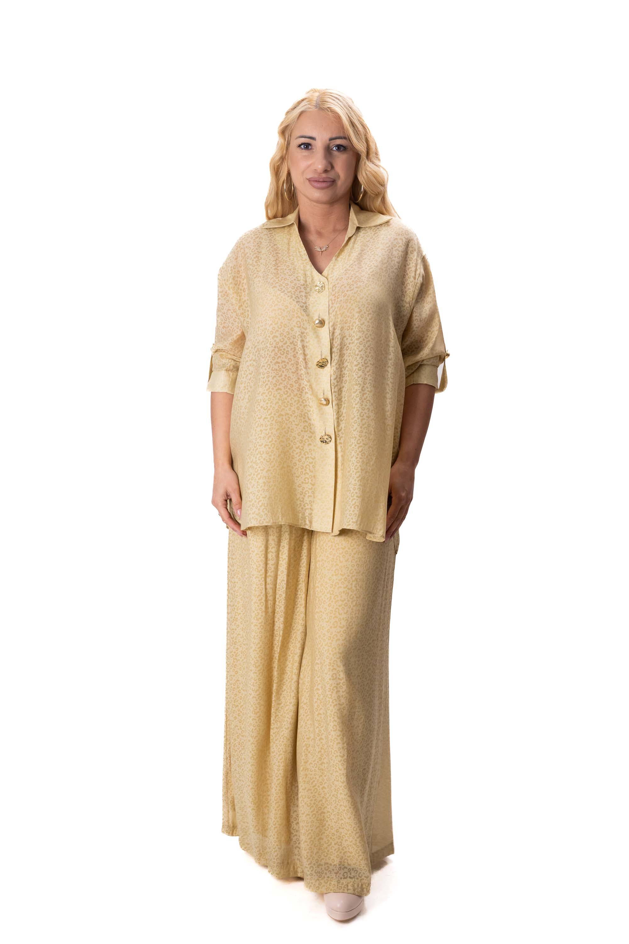 дамски комплект пастелено жълто с широк панталон и свободна риза LUXU