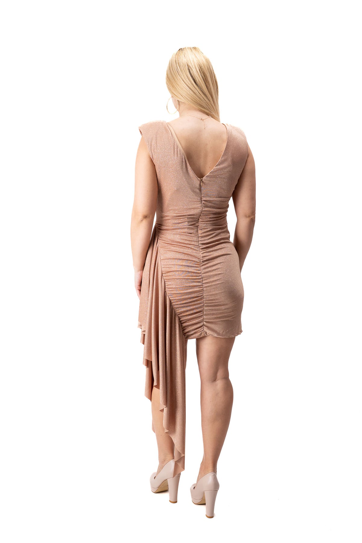 women short fitted formal dress with delicate glitter and side train 58428