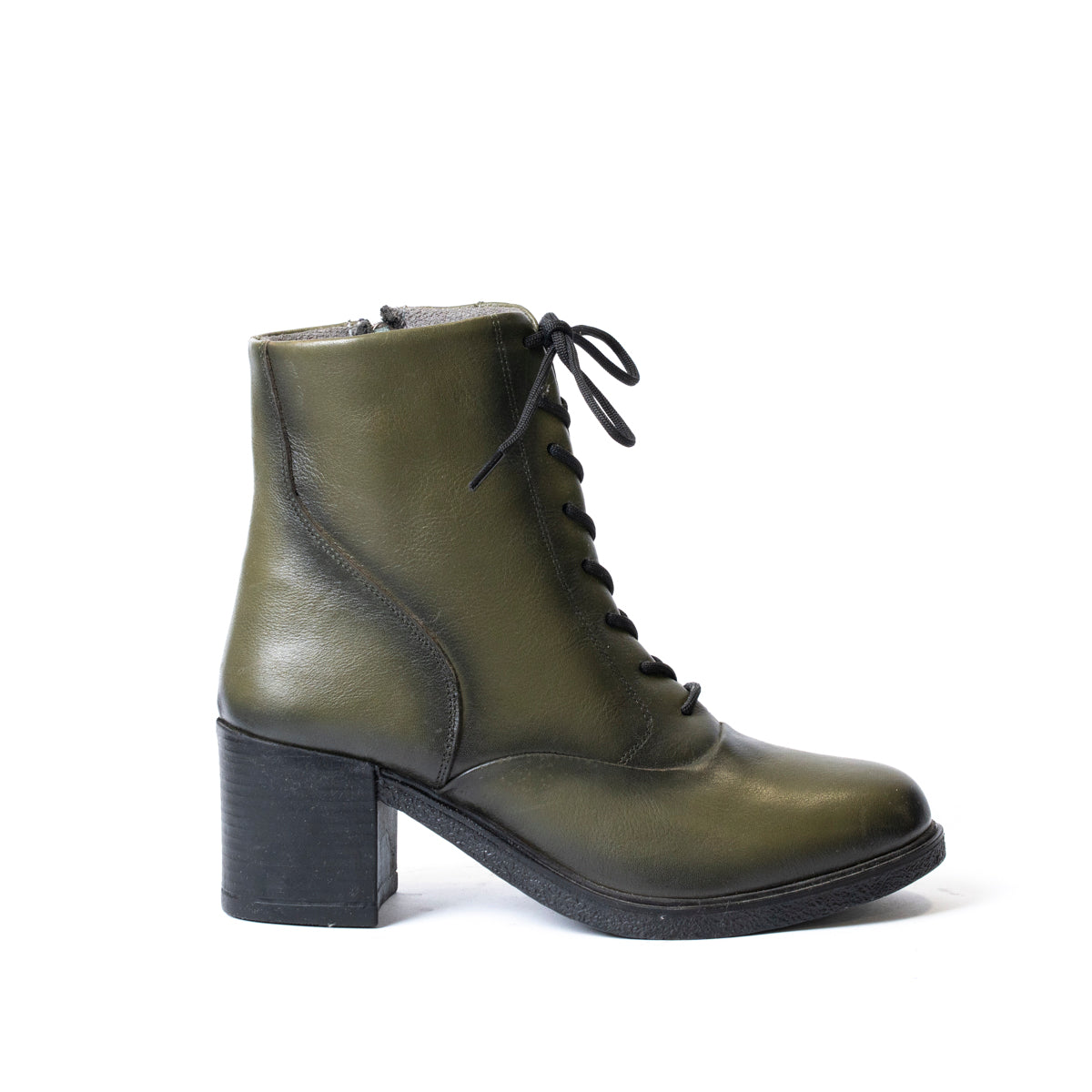Дамски боти от естествена кожа с дебел ток и връзки в зелено