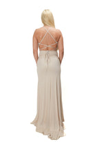 Long fitted light beige evening dress with subtle glitter and lace-up open back model 7147