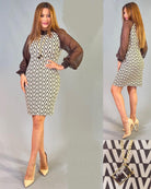 Дамска кафява рокля от фино плетиво с прозрачни тюлени ръкави