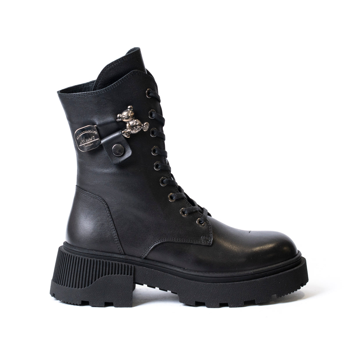 Дамски ниски боти от естествена кожа с връзки и брошка с мече в черно 4008-01