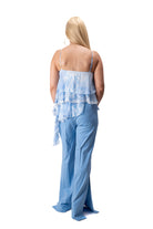 women two piece set with wide blue slit pants and asymmetrical blue white three layer top 10681