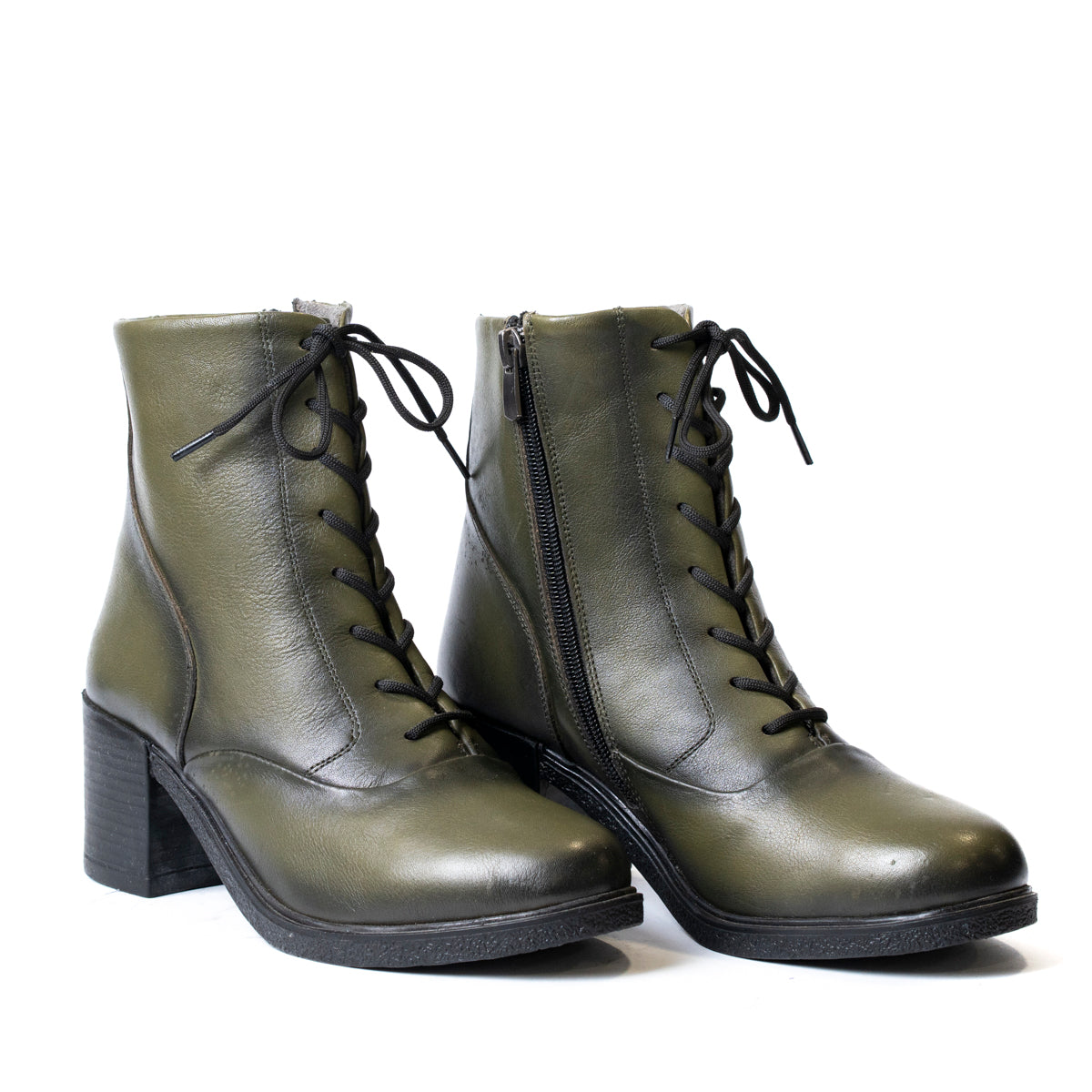 Дамски боти от естествена кожа – страничен изглед, зелен цвят