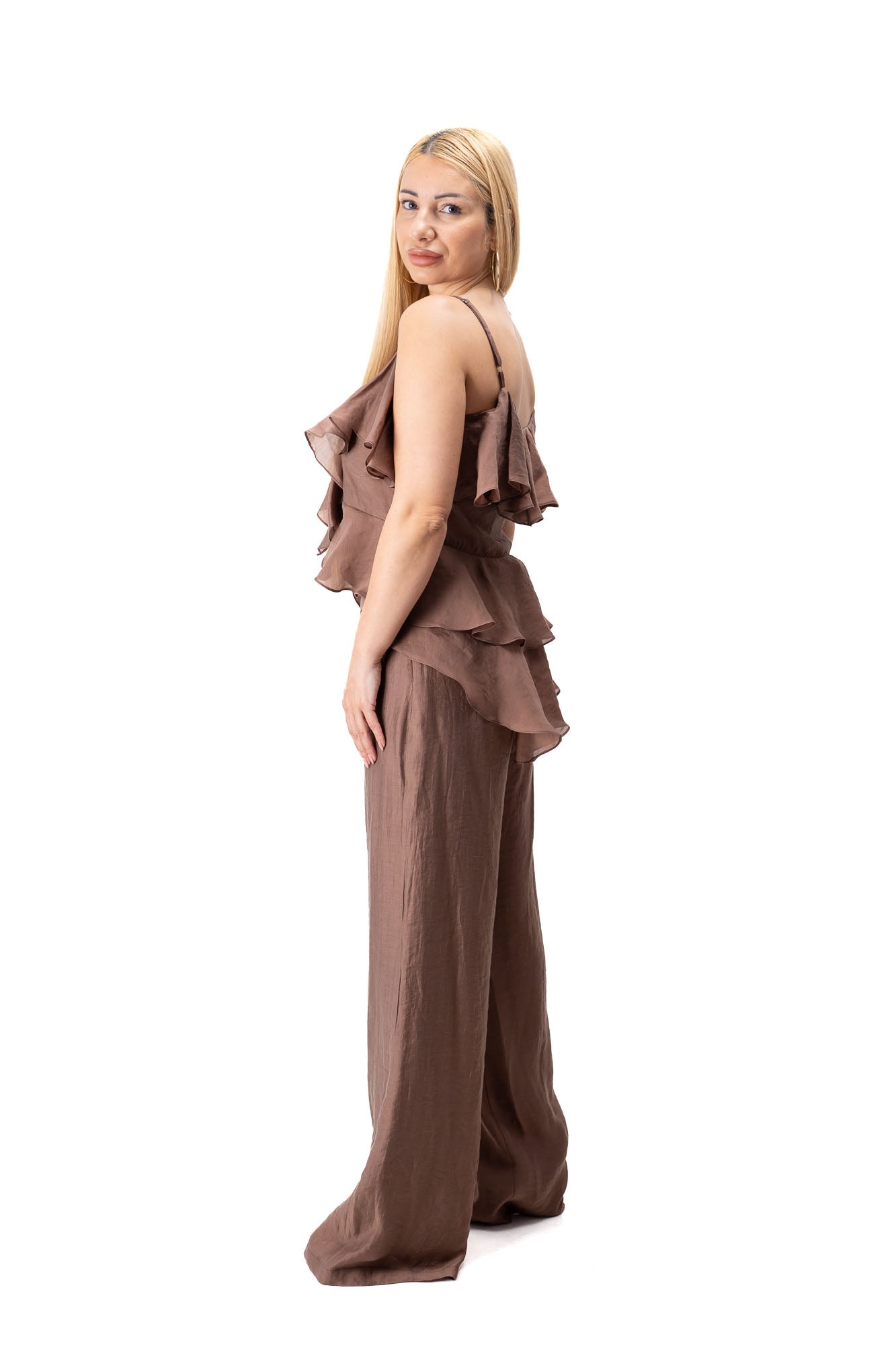 brown elegant women outfit with flowing chiffon top
