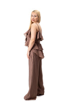 brown elegant women outfit with flowing chiffon top