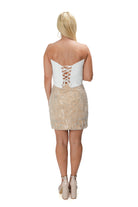 Women’s two-piece outfit with beige beaded sequin mini skirt and white bustier SW 0742