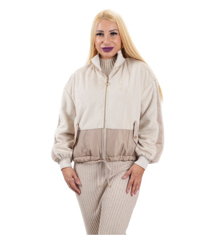 Дамско късо преходно яке тип суитшърт с пух и шушляк в бежово 5017