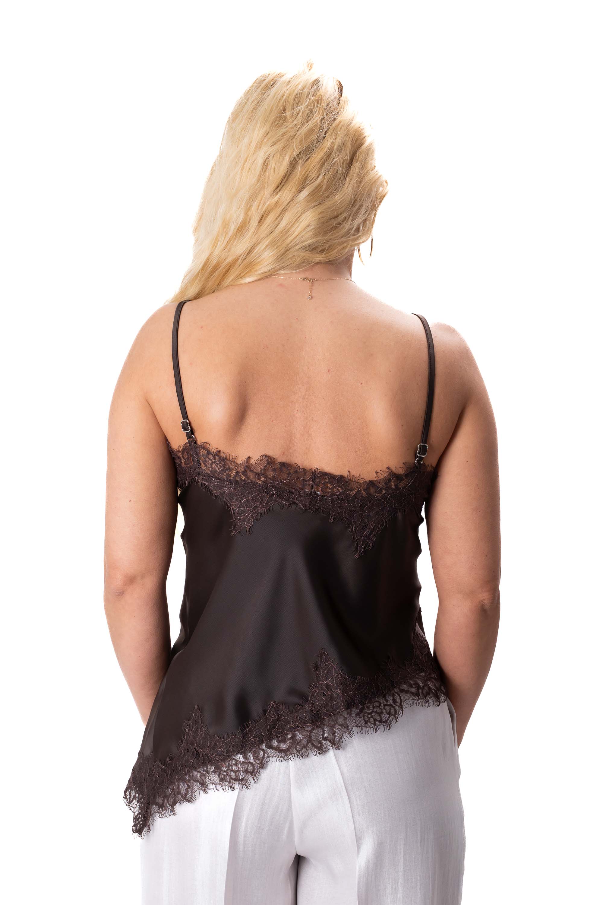 луксозен дамски топ сатен асиметрична кройка кафяв