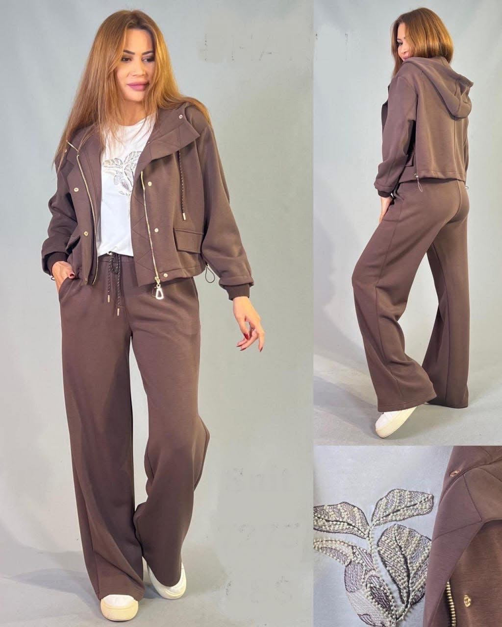 дамски комплект от 3 части с широк панталон и суитшърт в кафяво