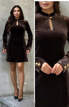 дамска къса елегантна рокля от кадифе в кафяв цвят