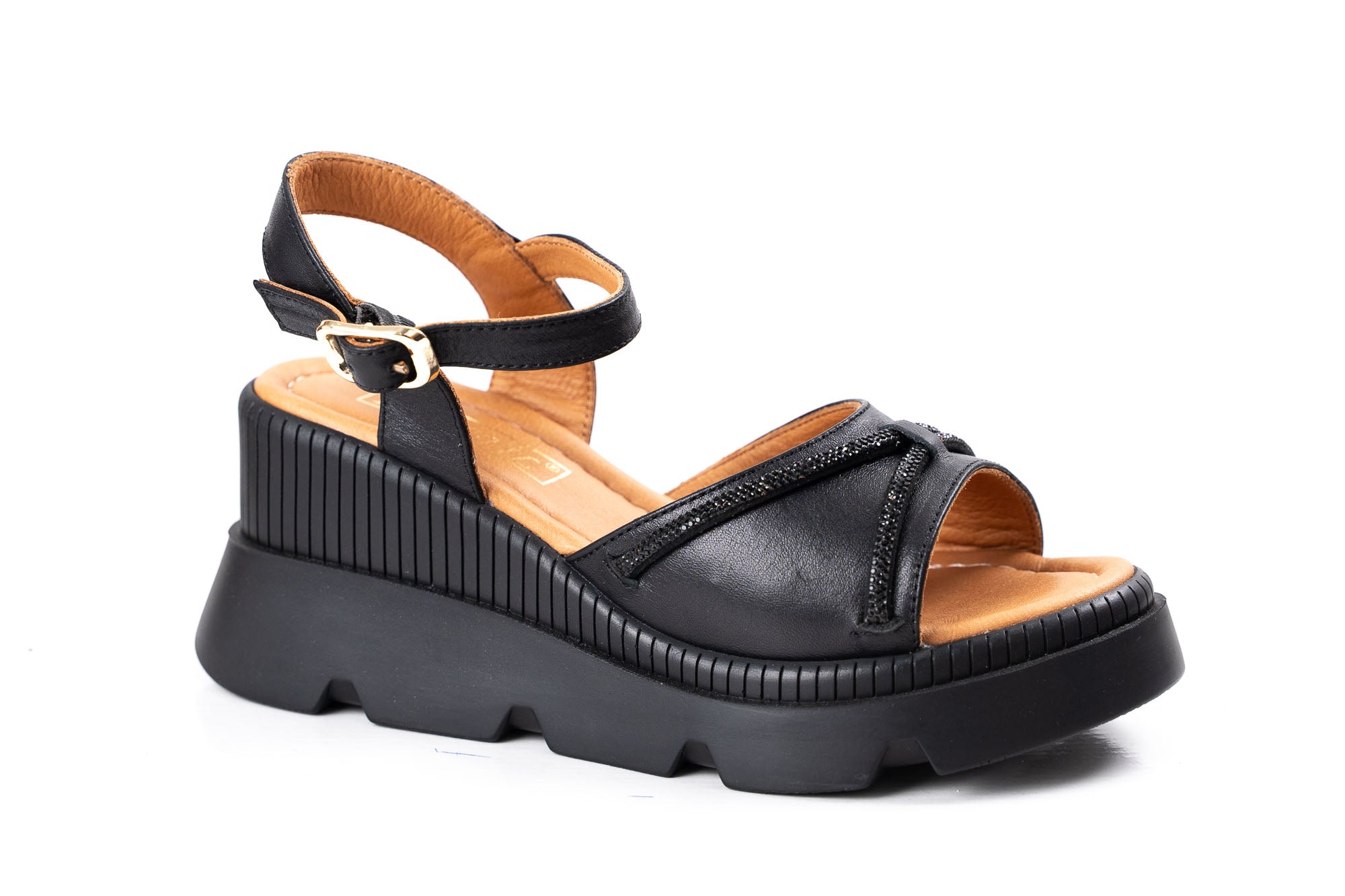 women black leather sandals high platform rhinestone decoration