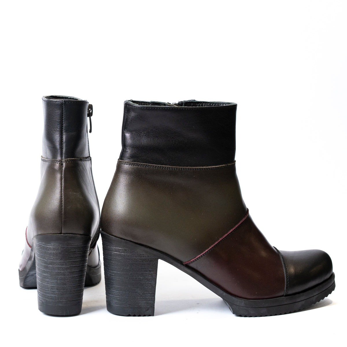 Елегантни дамски кожени боти с дебел ток в черно, зелено и бордо