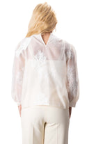 Ecru cream women’s blouse shirt with jabot and embroidery model 3383