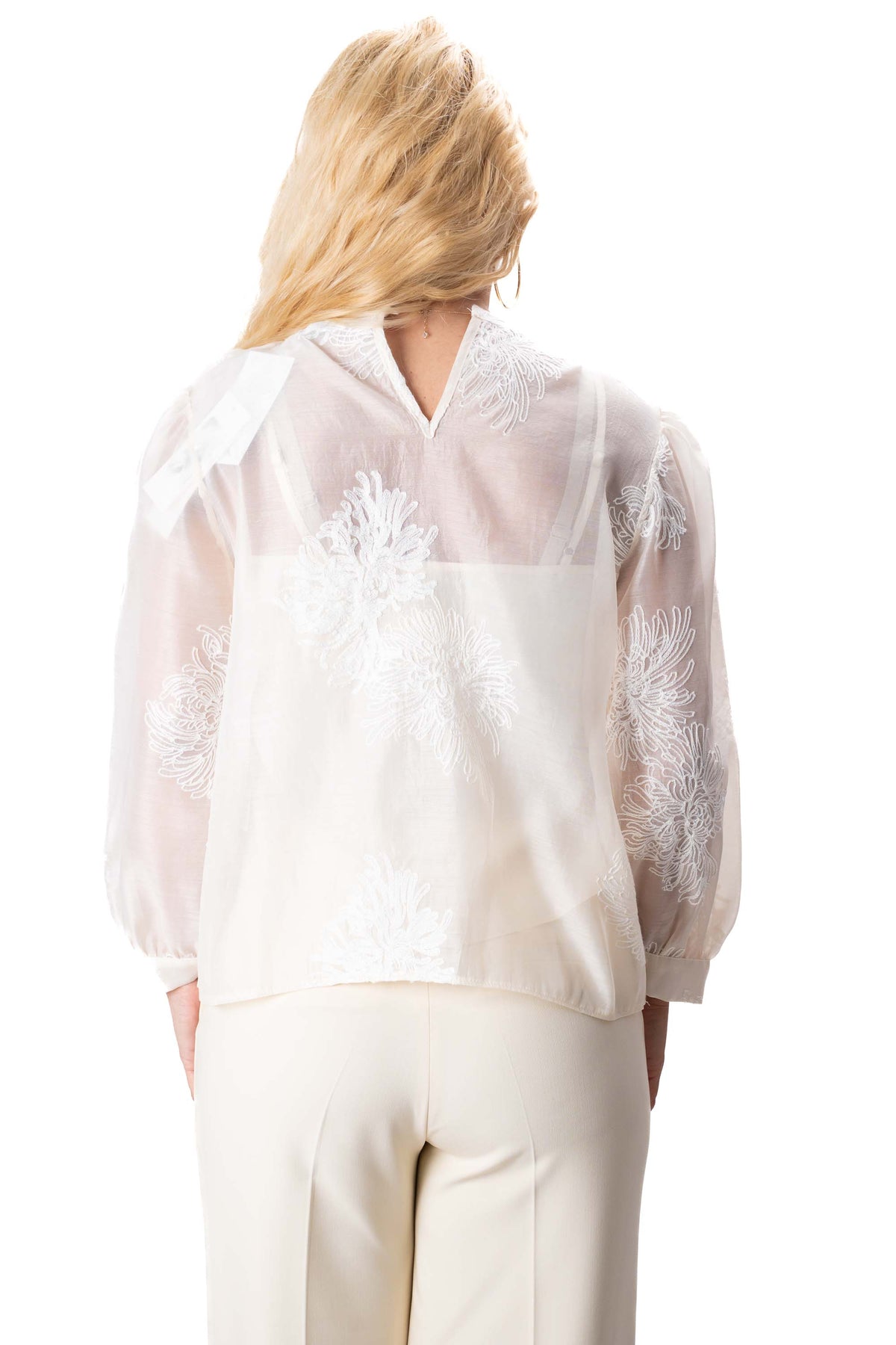 Ecru cream women’s blouse shirt with jabot and embroidery model 3383