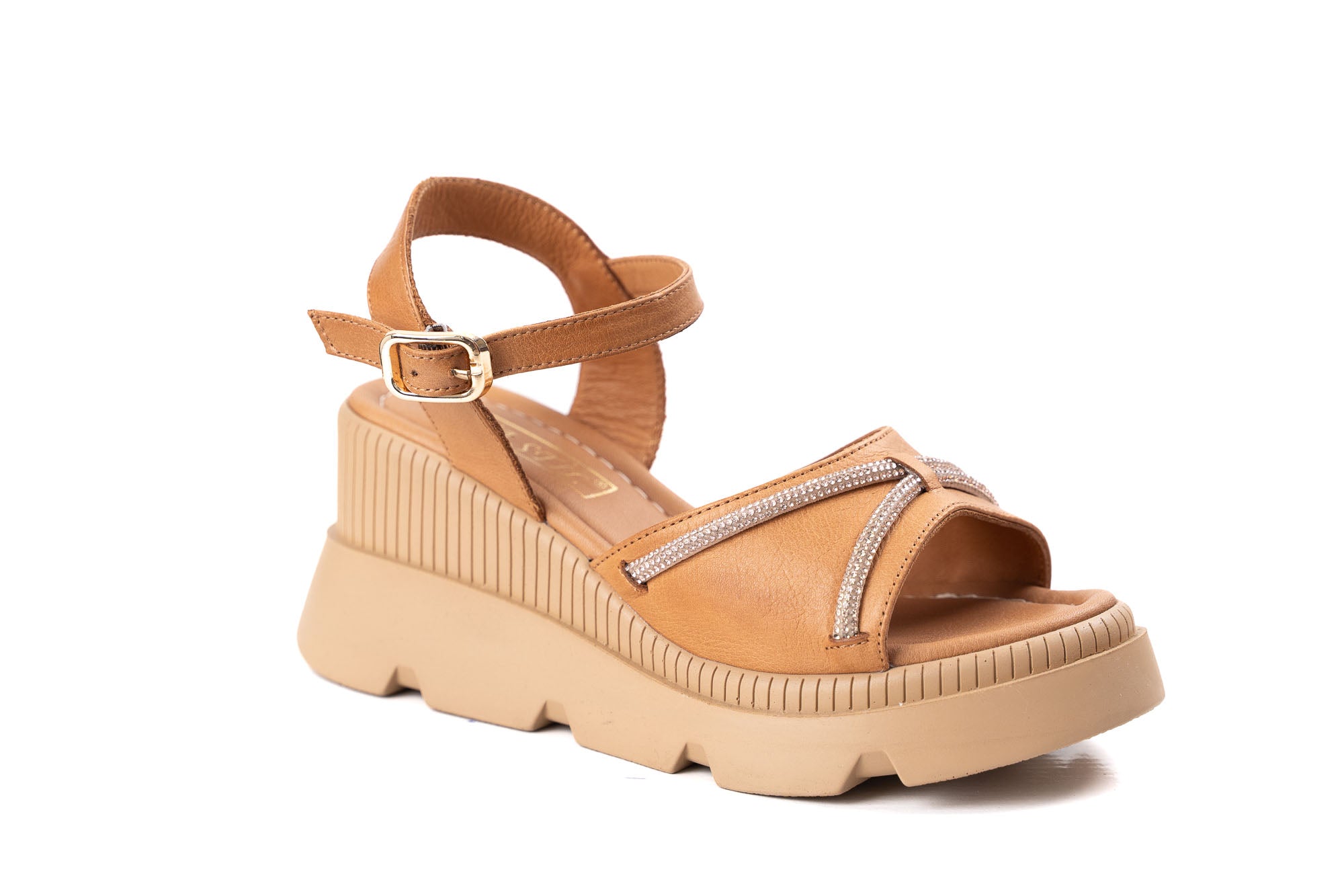 women leather sandals brown beige platform rhinestone decoration