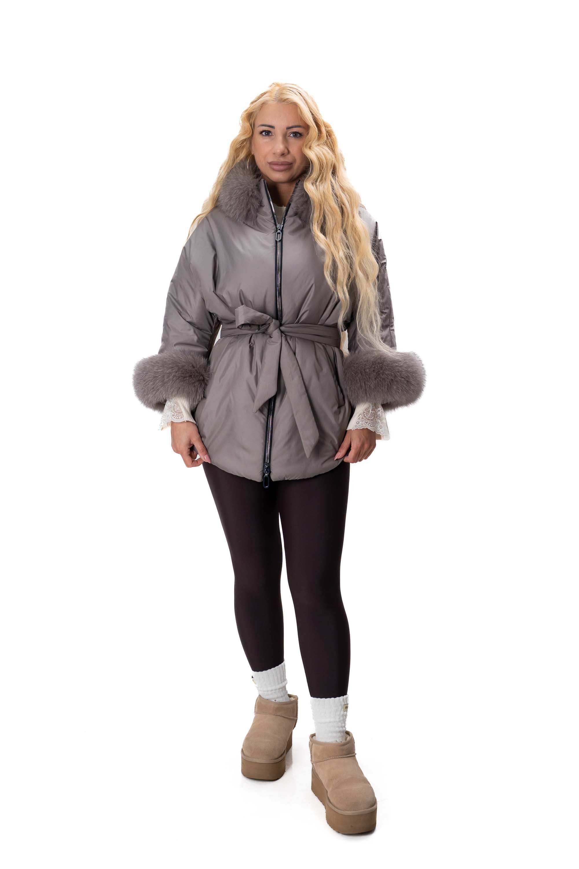дамско сиво яке от шушляк с гъши пух и естествен косъм