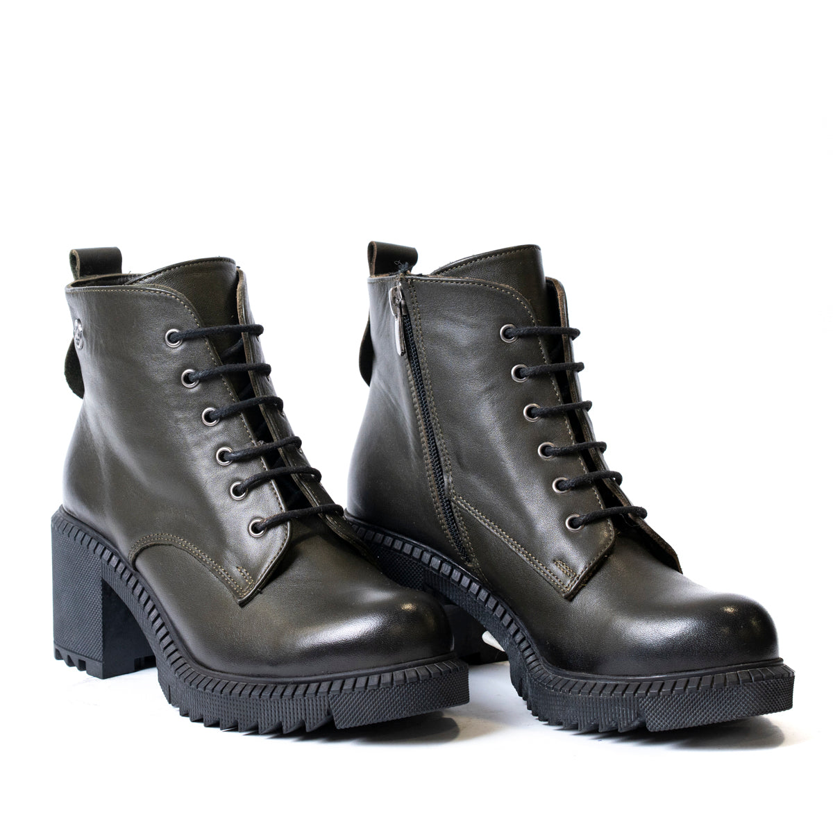 Дамски боти с дебел ток – страничен изглед маслено зелени