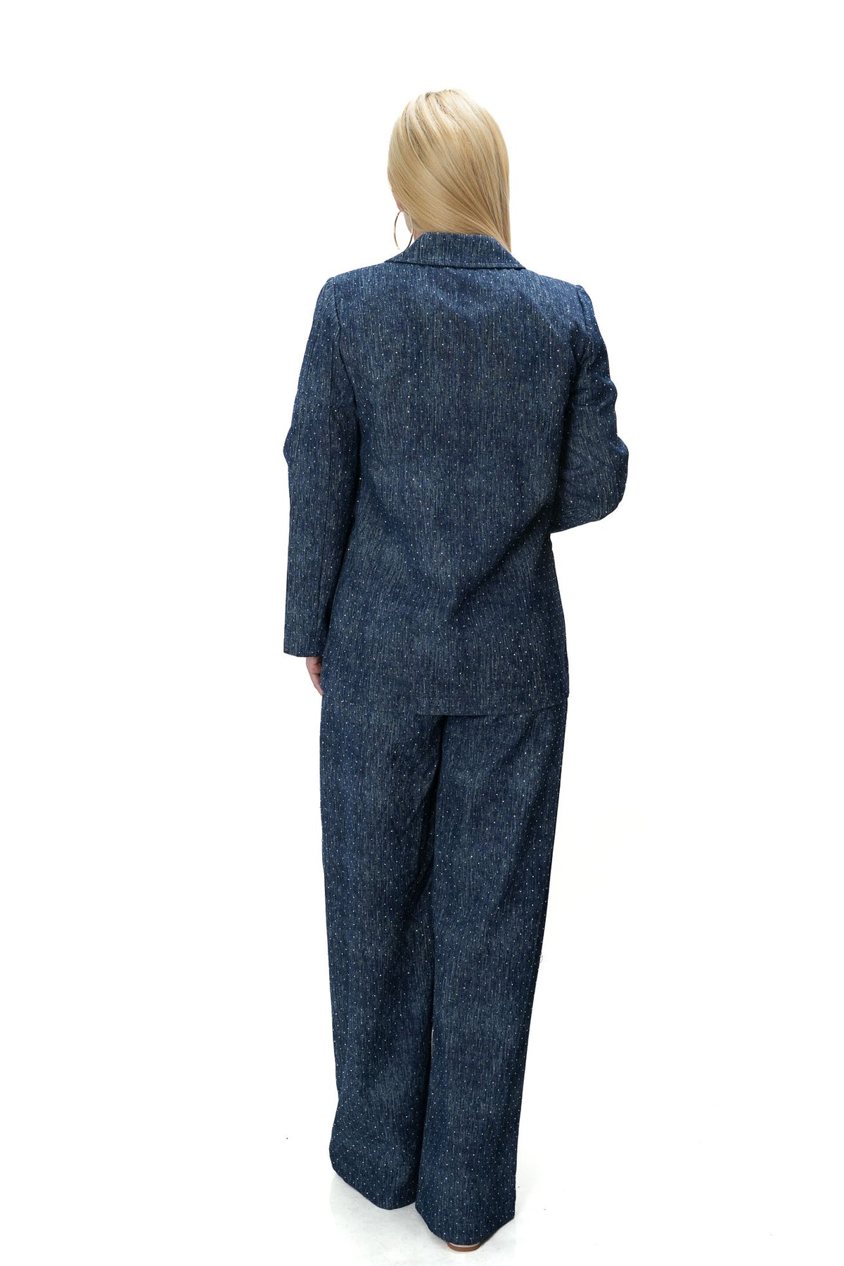 Denim women’s two piece suit with wide leg pants and crystal embellished blazer 3034