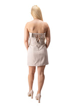 Short beige women’s formal dress strapless with slit and sparkling bow model 3471