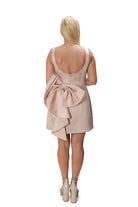 Elegant champagne beige mini dress in satin fabric with a statement back bow LUXU 3895