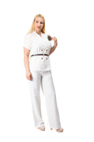 women linen two piece set wide leg pants off shoulder shirt beige stripe 3d flower