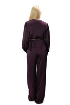 Women’s satin two-piece set in plum burgundy with wide-leg trousers and feather sleeve blouse 10742