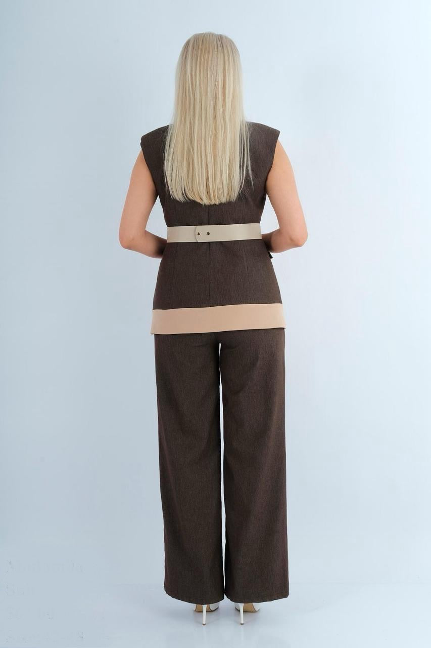 plus size women denim style set beige wide leg pants vest