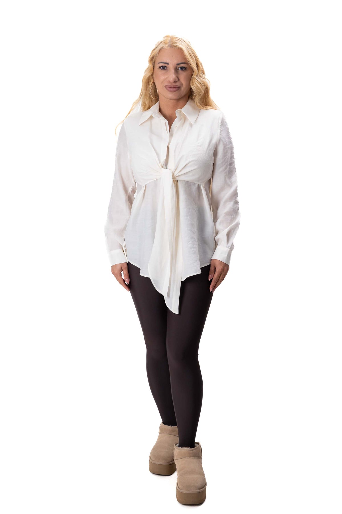 Long cream ecru women’s shirt with front tie detail model 3355