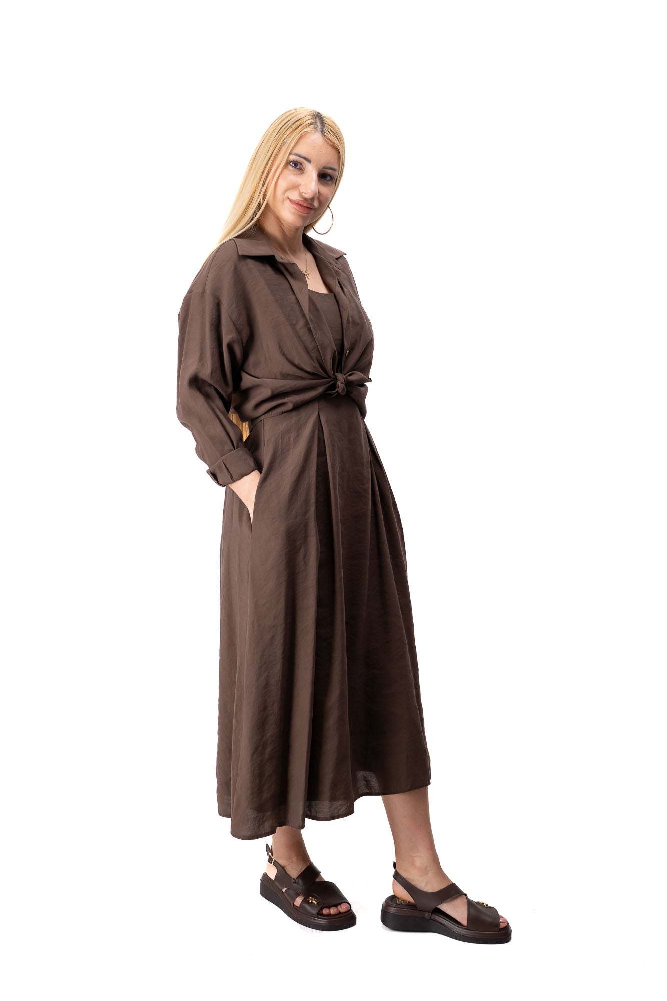 women elegant two piece midi dress set summer style in brown 
