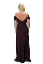 Long dark brown coffee women’s evening dress with off shoulder and glitter 09-8111