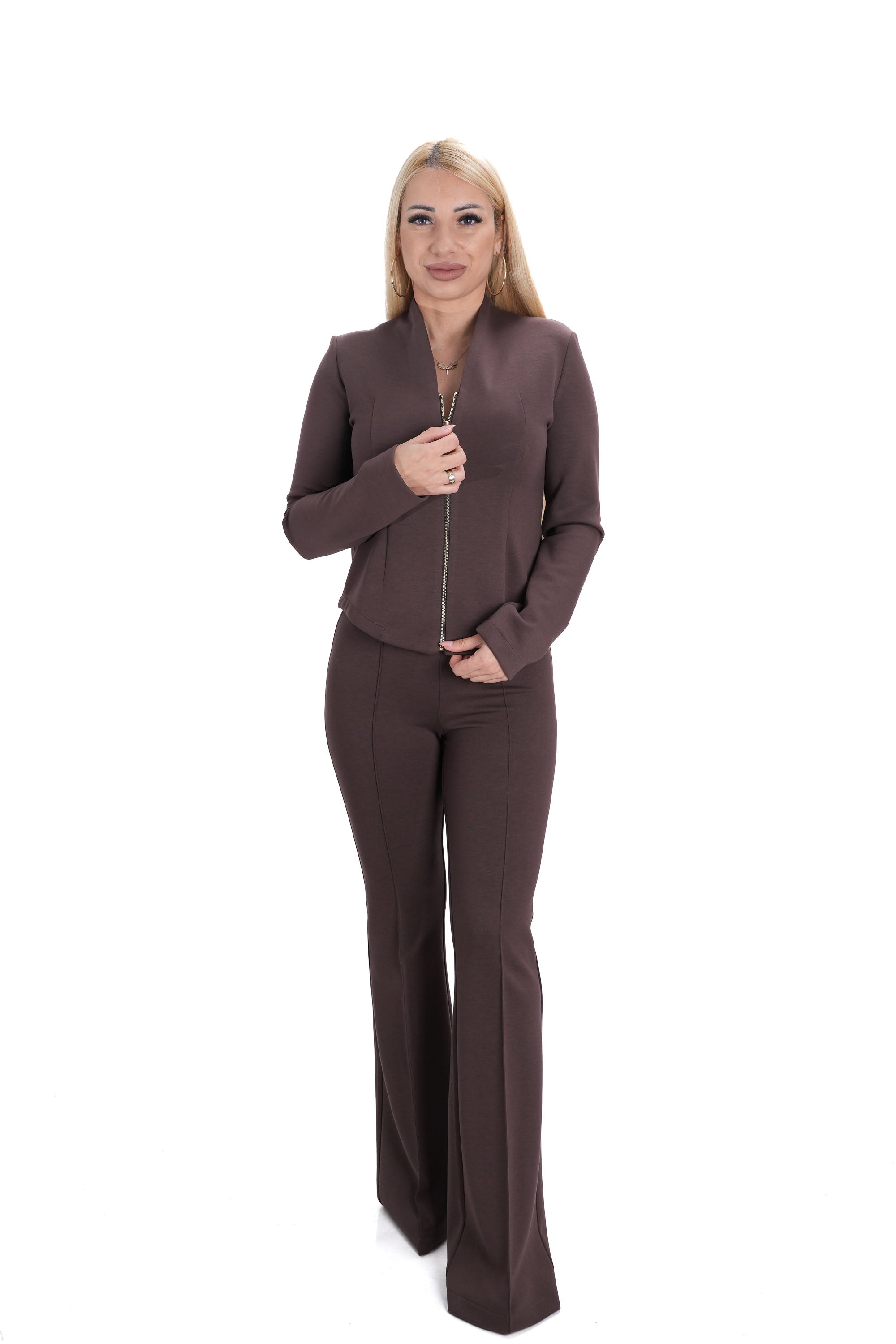 Дамски комплект – модел 21342199, панталон чарлстон и блуза с цип, тъмно кафяв