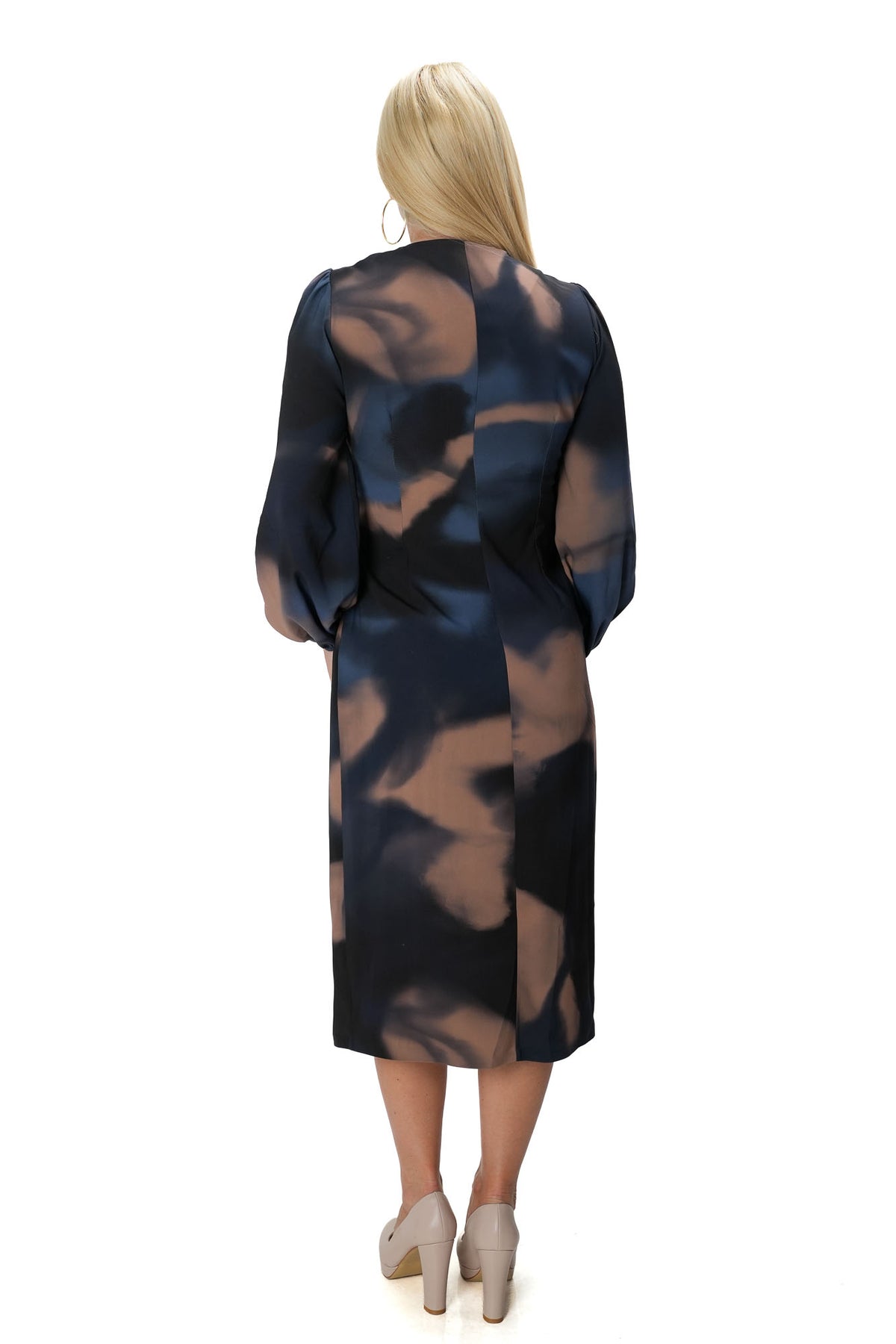 Women’s beige and blue bodycon midi dress with waist brooch 11704