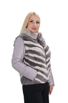 Стилно дамско яке с мека яка от чинчила – сиво-кремаво