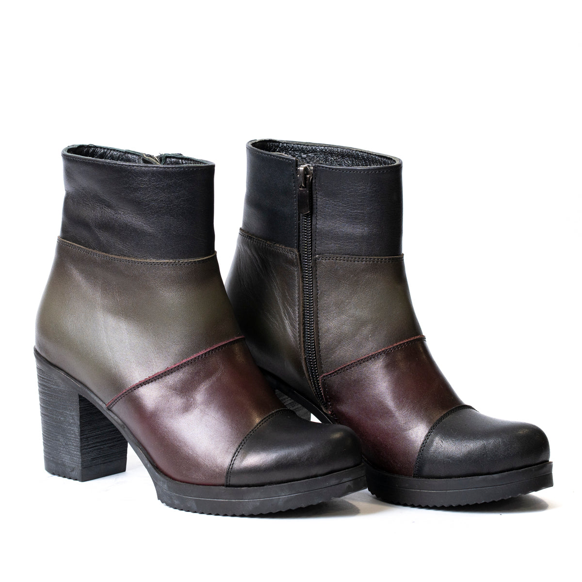 Дамски боти с дебел ток – страничен изглед на черно, зелено и бордо