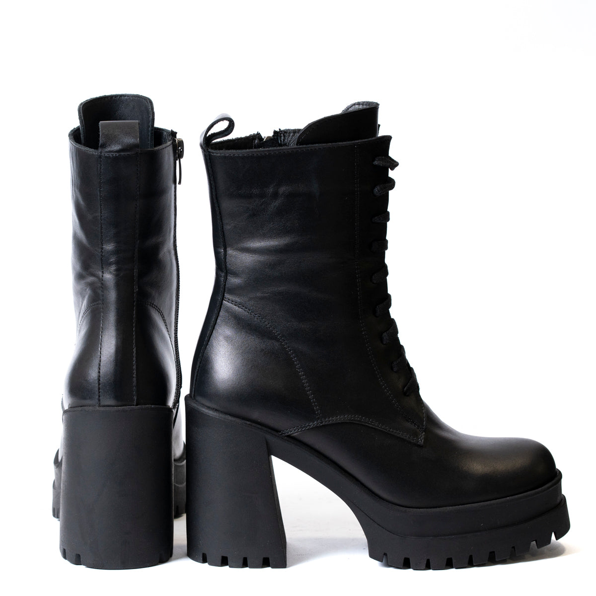 Елегантни дамски боти от кожа с платформа, дебел ток и връзки