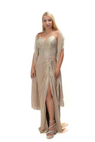 Long champagne beige gold evening dress with holographic crystals, thin straps and high slit model 3536